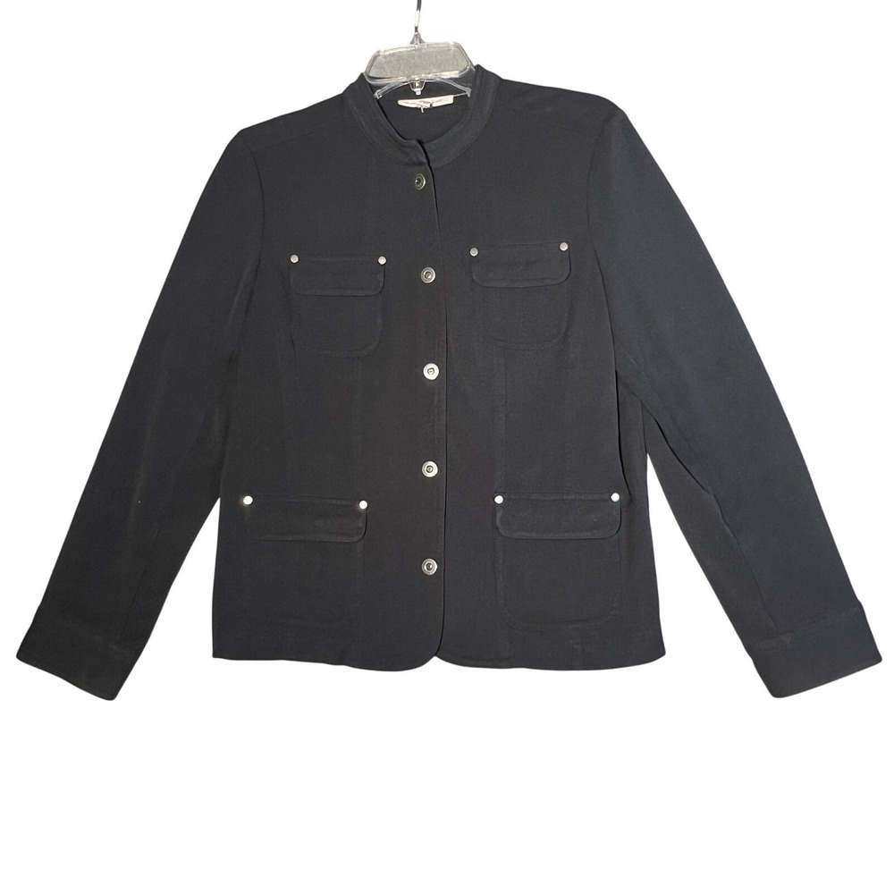 JM Collection Petite 10P Black Button Front Blazer Jacket Pockets Stretch Career